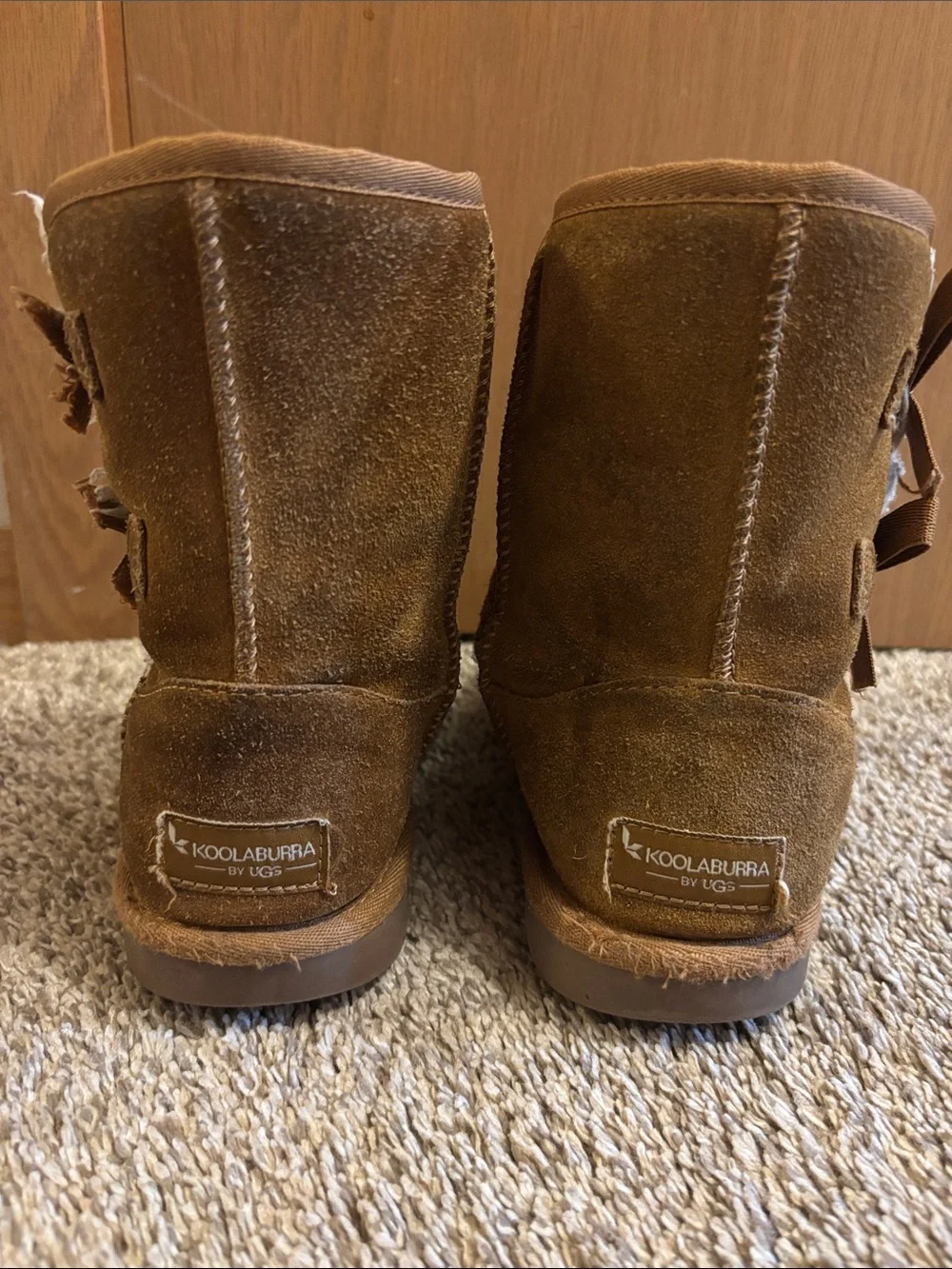 Koolaburra Chestnut Brown Suede Kids Bow Back Booties